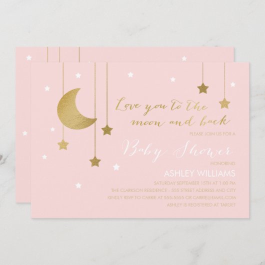 ピンクムーンアンドバックベビーシャワー招待状 招待状 (正面/裏面)