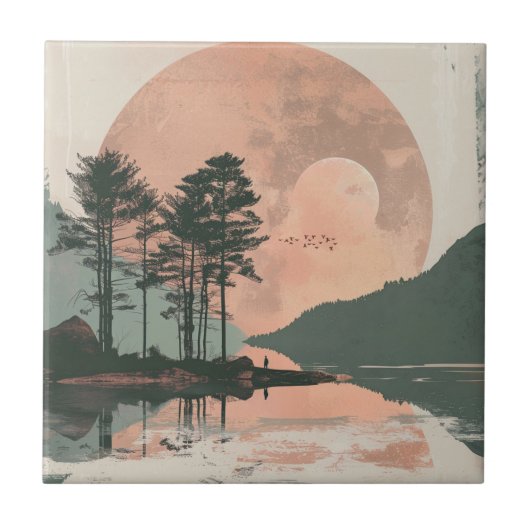 ピンクムーンセージの山々と森の湖の風景 タイル (正面)