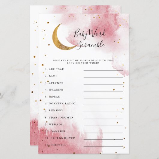 ピンクムーンベビーシャワーワードスクランブルゲーム (正面/裏面)