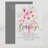 ピンクムーヴボホフローラフェザー結婚式招待状 (正面/裏面)