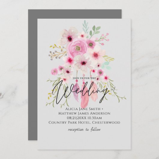 ピンクムーヴボホフローラフェザー結婚式招待状 招待状 (正面/裏面)