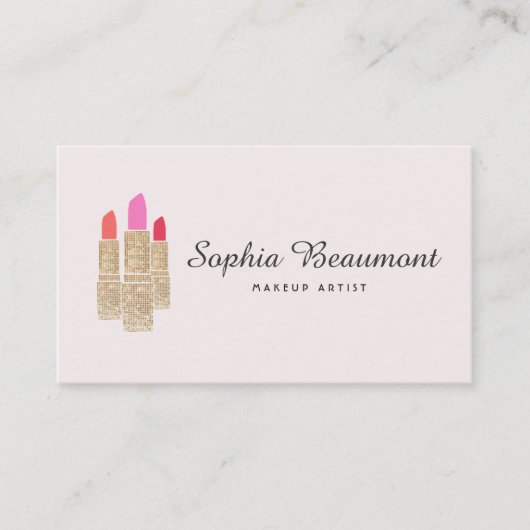 ピンクメイクアップアーティスト金ゴールドシークインリップスティック美しい 名刺 (正面)