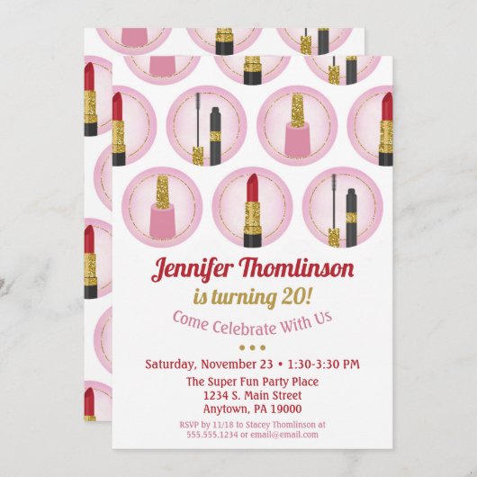 ピンクメイクアップ化粧品誕生日招待状口紅 招待状 (正面/裏面)