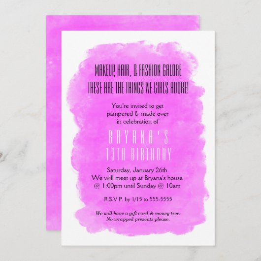 ピンクメイクアップ美しい誕生日パーティー 招待状 (正面/裏面)