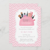 ピンクメイクポーチガールズバースデーパーティー招待状 招待状 (正面/裏面)