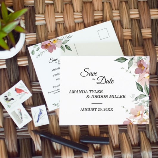 ピンクメイブヴィンテージフローラ結婚式の日付を保存 案内ポストカード