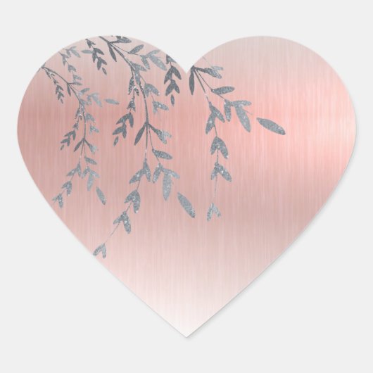 ピンクメタリックな輝くグリッターの葉 ハートシール (正面)