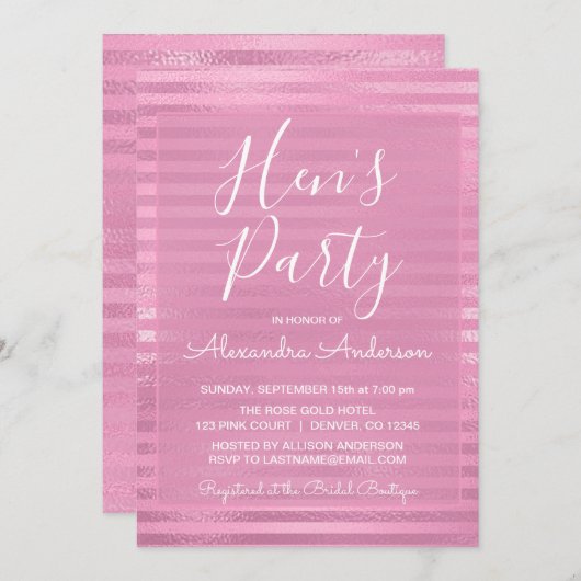 ピンクメタリックガーリーホイストライプのルヘンパーティー 招待状 (正面/裏面)