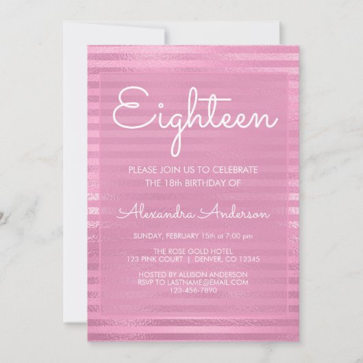 ピンクメタリックガーリーホイストライプのル18誕生日 招待状 (正面)