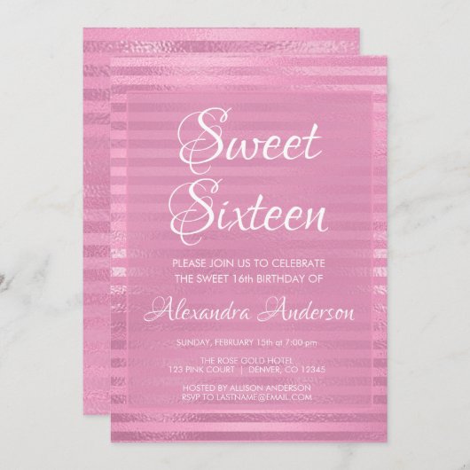 ピンクメタリックガーリーホイルストライプのスウィート16誕生日 招待状 (正面/裏面)