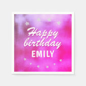 ピンクメタリックスターガーリーハッピーバースデー スタンダードカクテルナプキン (正面)