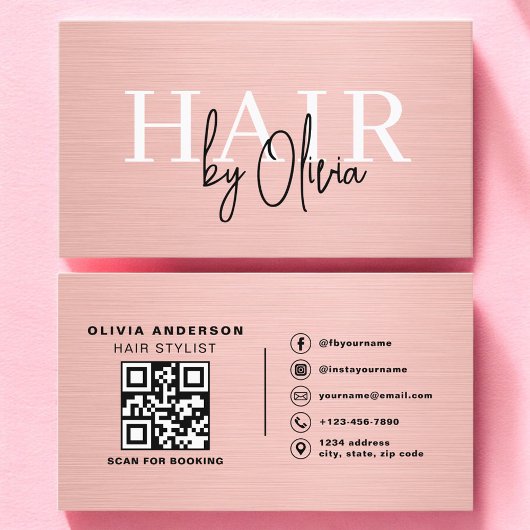 ピンクメタリックタイポグラフィーQRコード ヘアスタイリスト 名刺