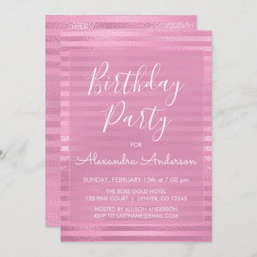ピンクメタリックフォイルガーリーバースデーパストライプのーティー 招待状 (正面/裏面)