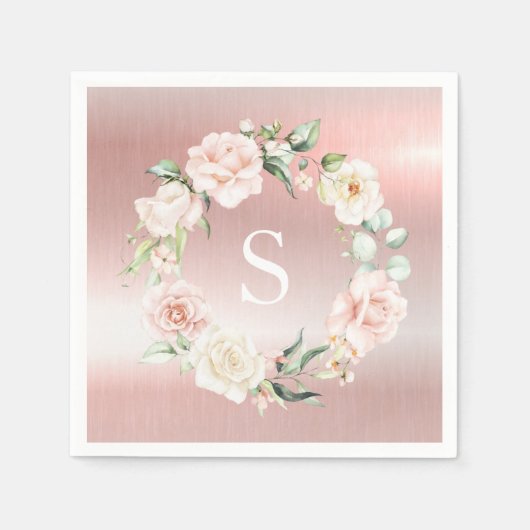ピンクメタリックモノグラムフローラ赤面水彩 スタンダードカクテルナプキン (正面)