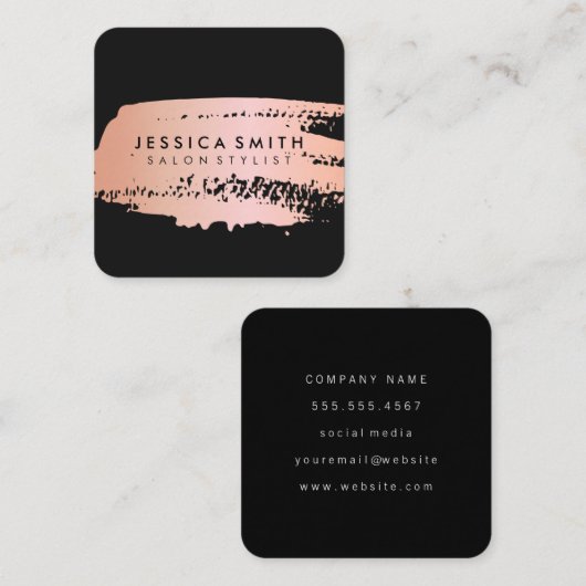ピンクメタルバラ金ゴールドとブラックブラシ スクエア名刺 (正面/裏面)