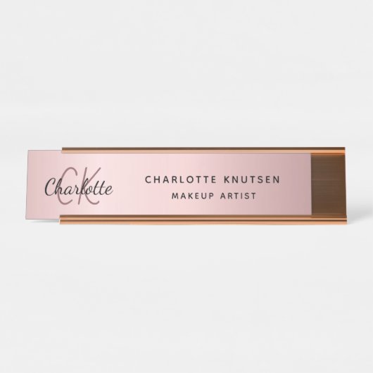 ピンクメタルモノグラムモダンプロフェッショナル デスクネームプレート (正面)