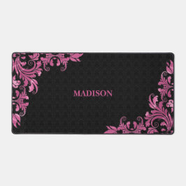 ピンクメタルレースブラックダマスク デスクマット