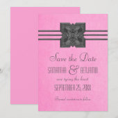 ピンクメダリオン縁ど日付の保存招待状 セーブザデート (正面/裏面)