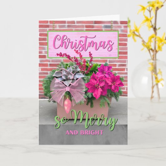 ピンクメリーとグリーンのクリスマス カード (黄色い花)