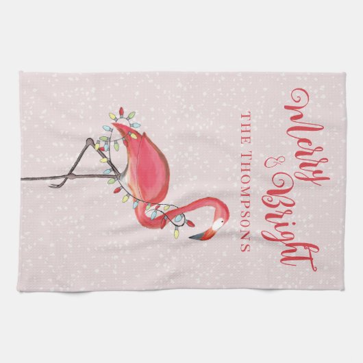 ピンクメリーと明るいフラミンゴパーソナライズされた キッチンタオル (横)