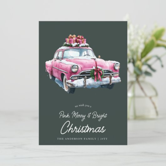 ピンクメリーのクリスマスカーのレトロな水色 シーズンカード (スタンド正面)