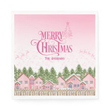 ピンクメリークリスマスビレッジパーティー紙ナプキンス