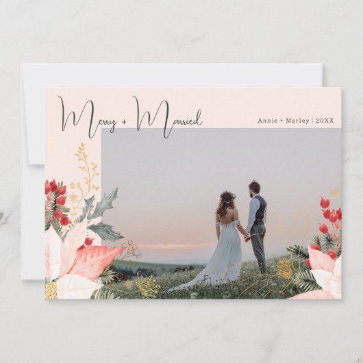 ピンクメリーフローラと結婚した4枚のフォトクリスマス シーズンカード (正面)