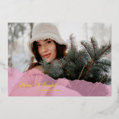 ピンクメリー&ブライトクリスマスファミリーフォト金ゴールド 箔シーズンカード (正面)