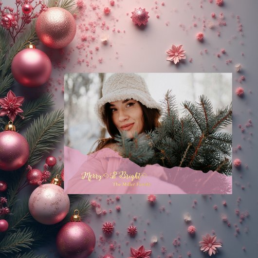 ピンクメリー&ブライトクリスマスファミリーフォト金ゴールド 箔シーズンカード