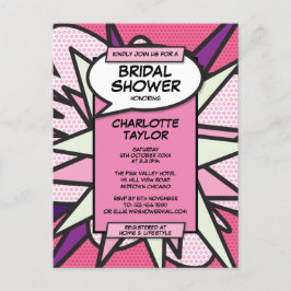 ピンクモダンおもしろいブライダルシャワー漫画本 インビテーションポストカード