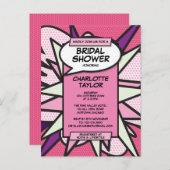 ピンクモダンおもしろいブライダルシャワー漫画本 インビテーションポストカード (正面/裏面)