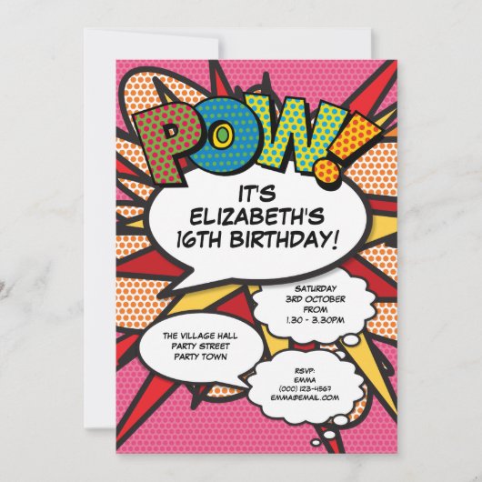 ピンクモダンおもしろい誕生日パーティー漫画ブック任意の年齢 招待状 (正面)