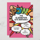 ピンクモダンおもしろい誕生日パーティー漫画ブック任意の年齢 招待状 (正面/裏面)