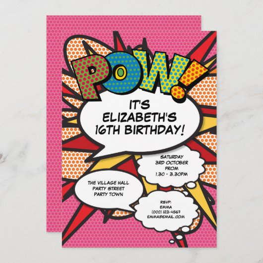 ピンクモダンおもしろい誕生日パーティー漫画ブック任意の年齢 招待状 (正面/裏面)