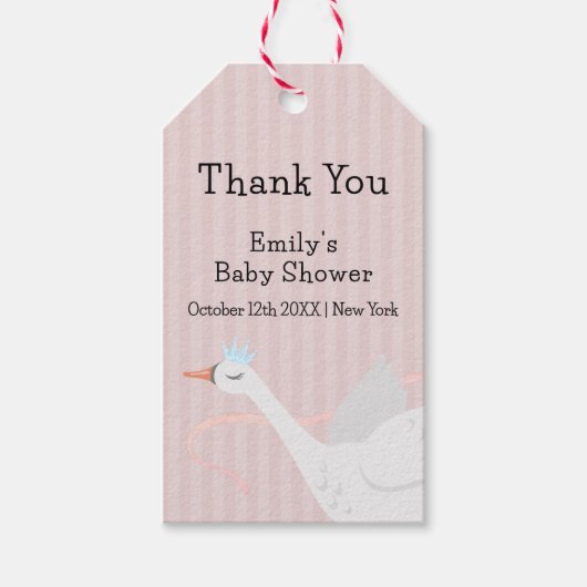 ピンクモダンお洒落プリンセス白鳥ベビーシャワー ギフトタグ (正面)