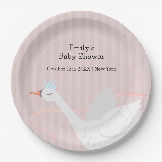 ピンクモダンお洒落プリンセス白鳥ベビーシャワー ペーパープレート (正面)