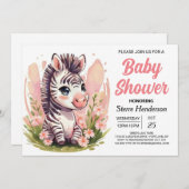 ピンクモダンかわいいゼブラ赤ちゃんシャワー 招待状 (正面/裏面)