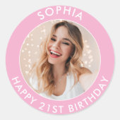 ピンクモダンかわいい女の子ハッピー21歳の誕生日フォト ラウンドシール (正面)