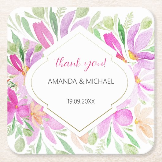 ピンクモダンかわいい水彩保フローラ スクエアペーパーコースター (正面)