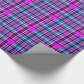 ピンクモダンがかった青の黒い格子模様、ピンクのハート ラッピングペーパー (角)