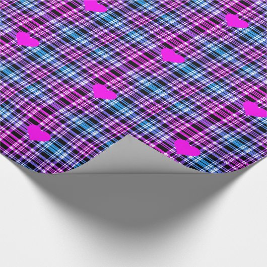 ピンクモダンがかった青の黒い格子模様、ピンクのハート ラッピングペーパー (角)