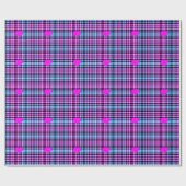 ピンクモダンがかった青の黒い格子模様、ピンクのハート ラッピングペーパー (フラット)
