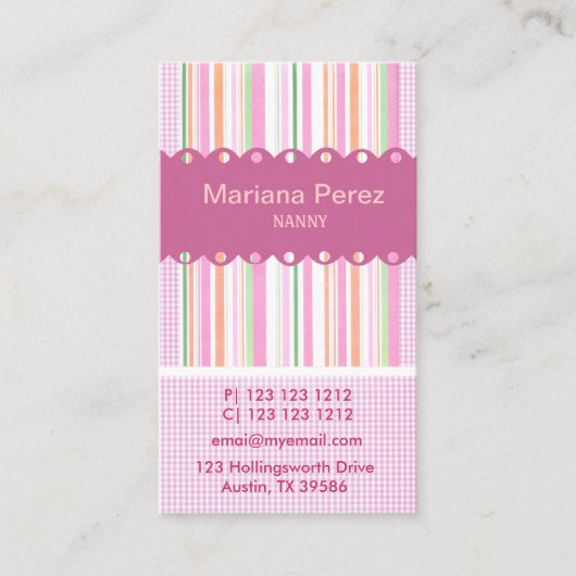 ピンクモダンすごいガーリーストライプギンガムパターン 名刺 (正面)