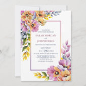 ピンクモダンとオレンジのフローラ結婚の 招待状 (正面)