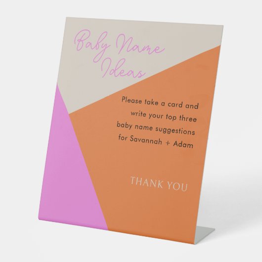 ピンクモダンとオレンジのベビー名シャワー活動 台座サイン (正面)