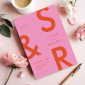 ピンクモダンとオレンジのモノグラ結婚ムの 招待状