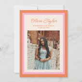 ピンクモダンとオレンジの縁ど写真の卒業 案内状 (正面)