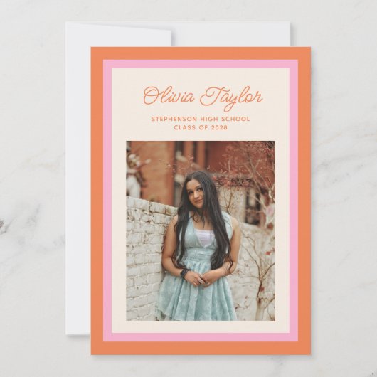 ピンクモダンとオレンジの縁ど写真の卒業 案内状 (正面)