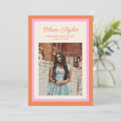 ピンクモダンとオレンジの縁ど写真の卒業 案内状 (スタンド正面)