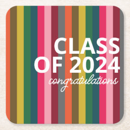 ピンクモダンとグリーンのストライプパターン スクエアペーパーコースター